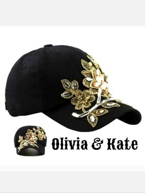 🖤Olivia & Kate Embroidered Baseball Cap with Floral Rhinestone